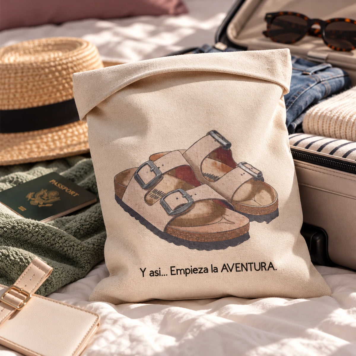 Bolsa para zapatos de viaje TDMAccessories con ilustración de sandalias, junto a una maleta abierta y accesorios de viaje.
