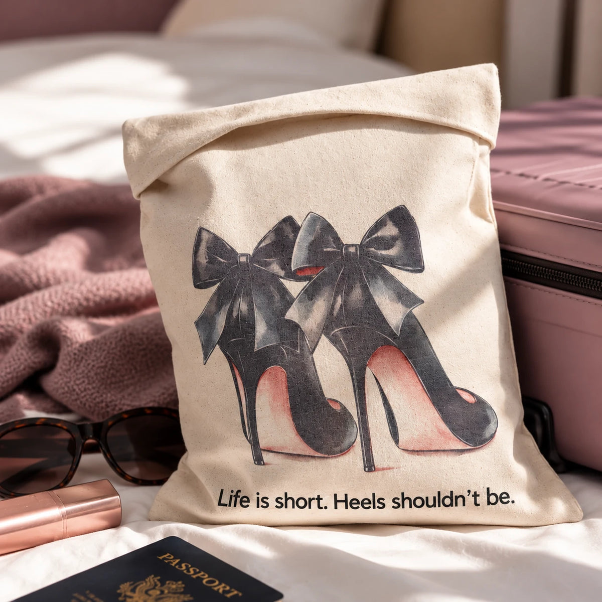 Bolsa para zapatos de viaje TDMAccessories con ilustración de tacones negros, junto a una maleta rosa.