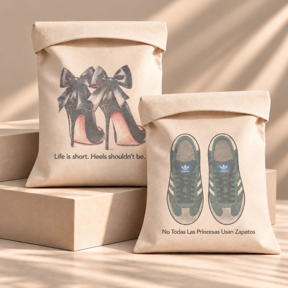 Set de 2 bolsas para zapatos de viaje TDMAccessories en tela de loneta beige con ilustraciones de tacones y tenis.