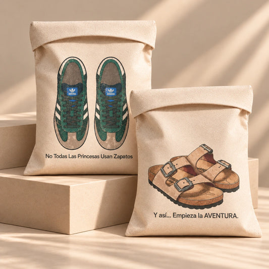 Set de 2 bolsas para zapatos de viaje TDMAccessories en tela de loneta beige con ilustraciones de tenis y sandalias.