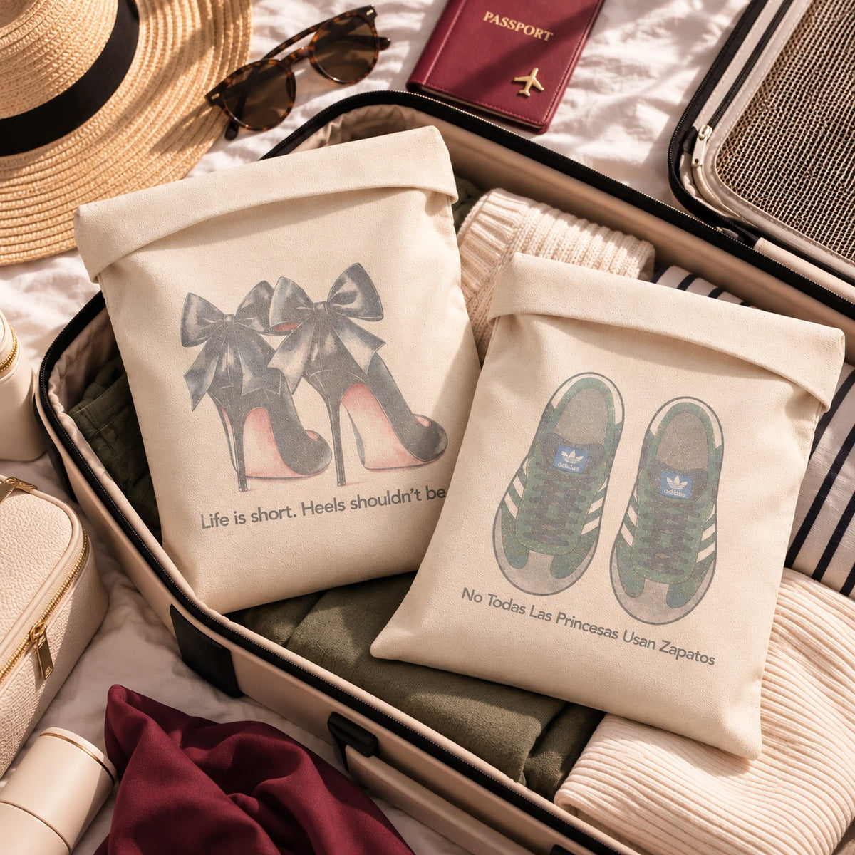 Set de 2 bolsas para zapatos TDMAccessories de tacones y tenis acomodadas en una maleta con ropa.